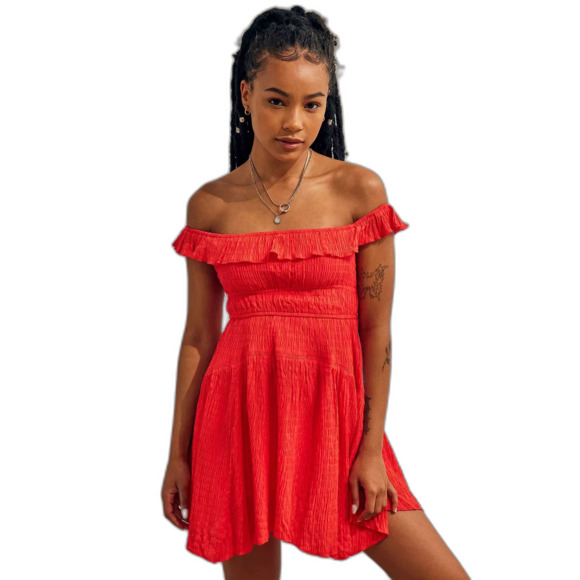 Urban Outfitters Women's Aubrey Red Bardot Short Ruched Ruffle Sundress Size M - Picture 7 of 10